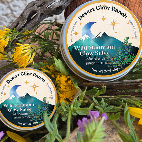 Wild Mountain Glow Salve 1oz and 2oz tins for dry weather-worn skin for ultimate healing-made with organic cold pressed oils such as meadowfoam, moringa, & jojoba plus more