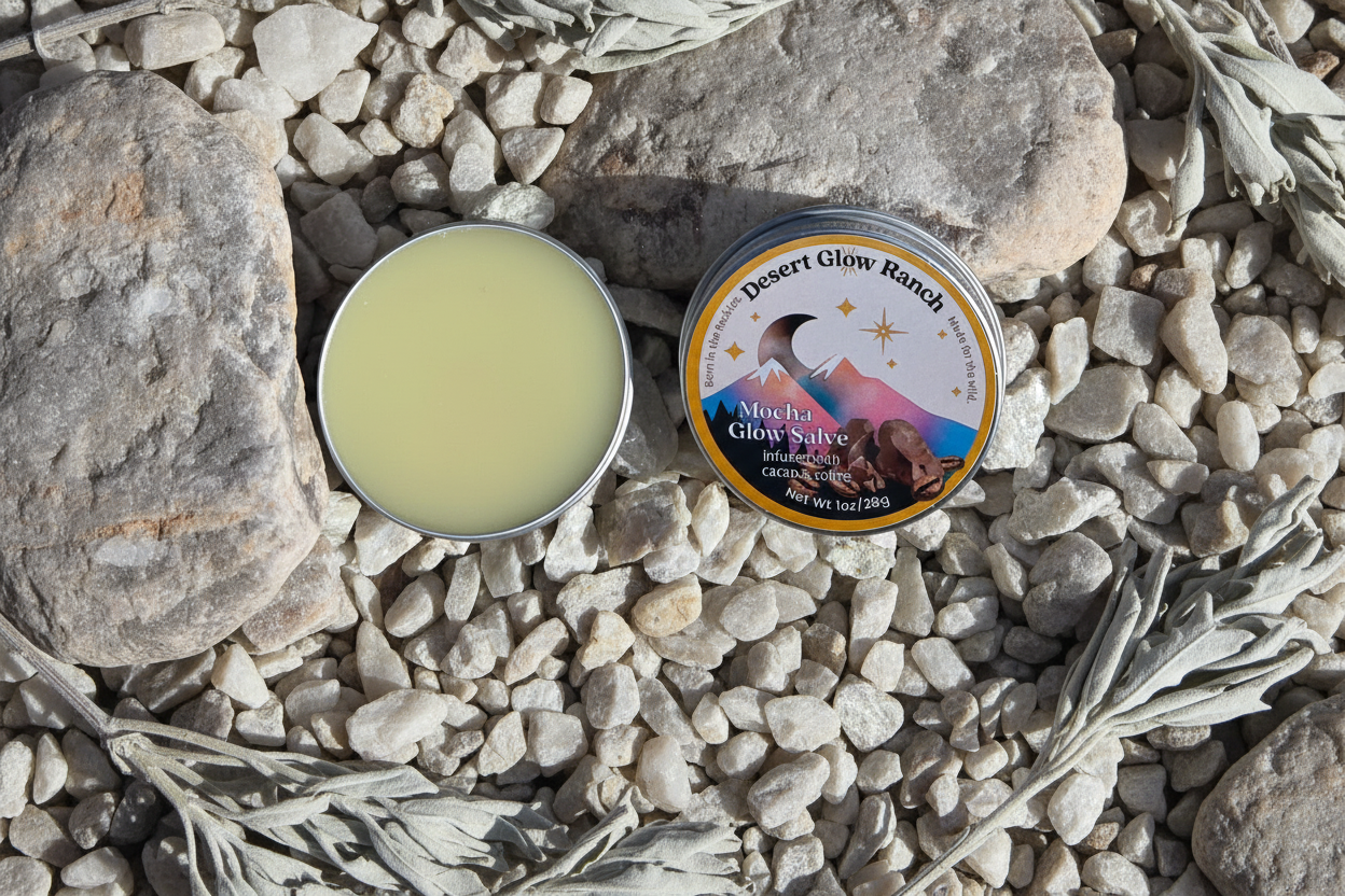 Mocha Glow Salve from Desert Glow Ranch 1 oz tin made to nourish skin with all natural organic ingredients while invigorating the senses with notes of mocha and coffee.