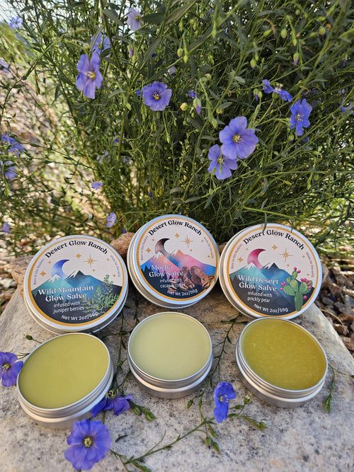 Three open tins of Desert Glow Ranch botanical salves, Wild Mountain Glow, Mocha Glow, and Wild Desert Glow, showing the salve texture, set on a stone with purple wildflowers in the background.