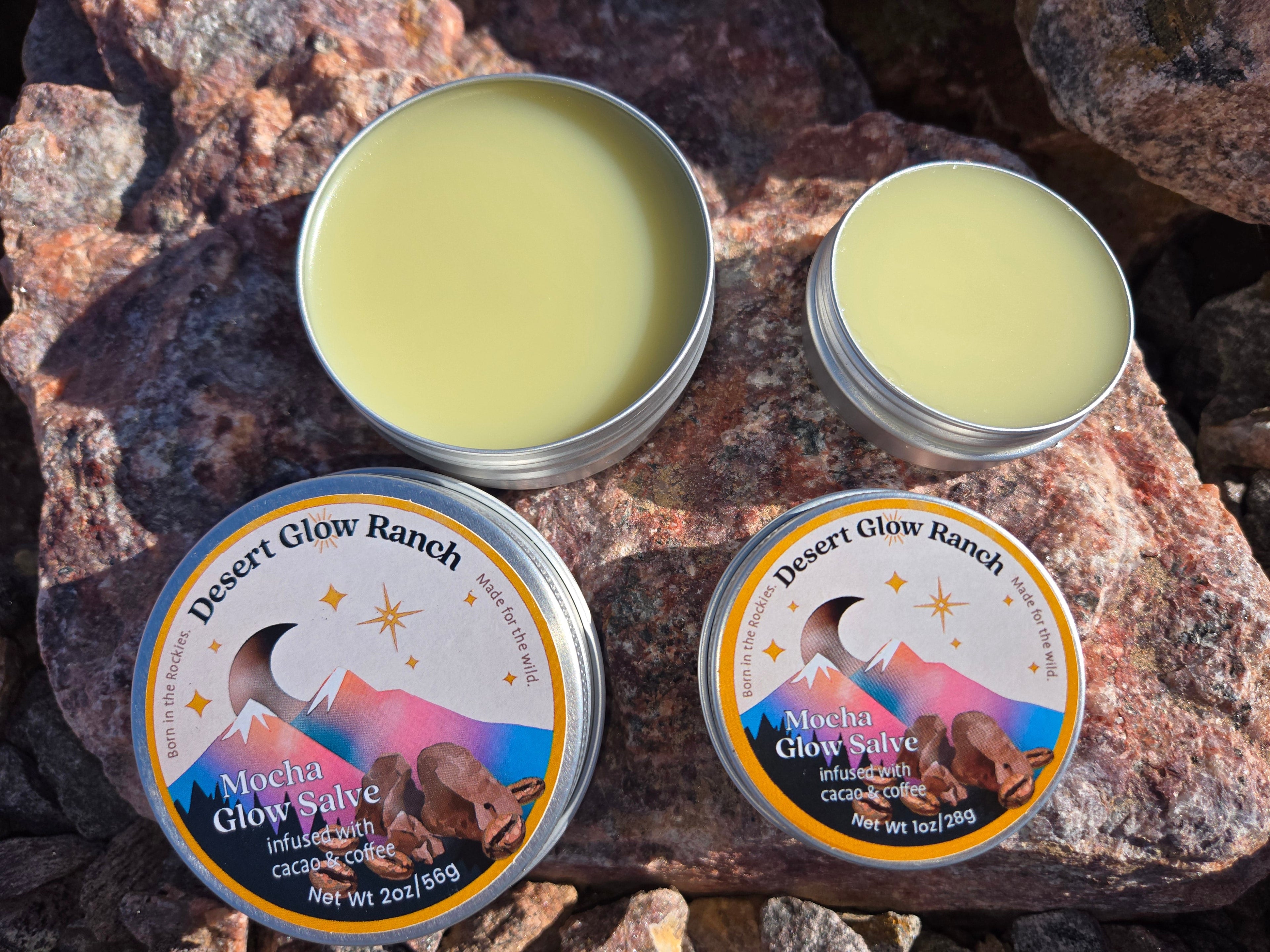 Desert Glow Ranch Mocha Glow Salve 1 & 2 ounce tins to awaken the senses with intoxicating chocolate essence while nourishing the skin with infused argan, meadowfoam, coconut, and jojoba oils with chocolate moringa, rooibos, and raw cacao.