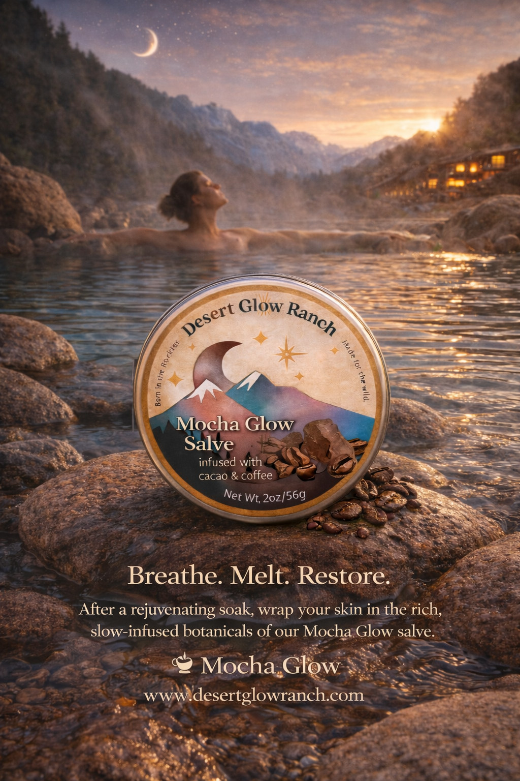 Mocha glow salve organic coffee and chocolate moisturizer in spa setting with person relaxing in hot spring