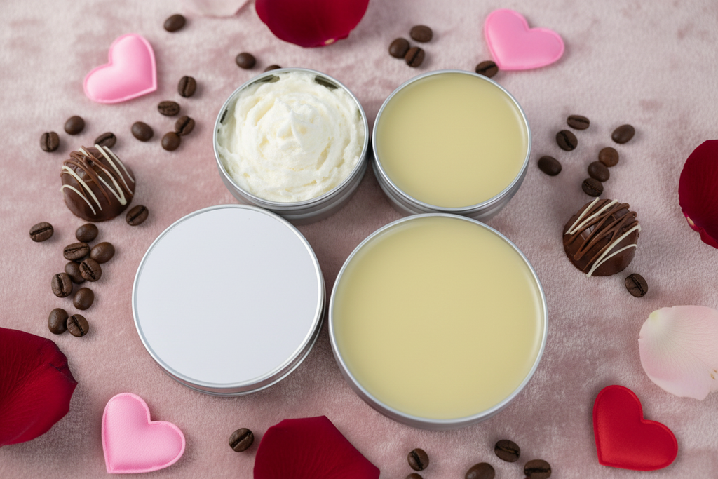 Mocha Glow Salve - Valentine's Flat Lay with Texture-all natural-organic-chocolate -coffee aroma