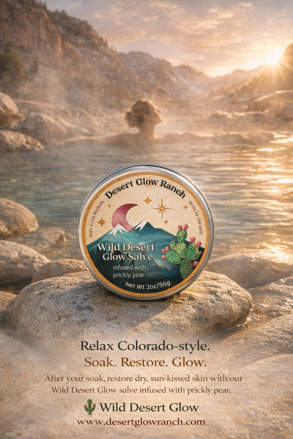 Wild Desert Glow Salve prickly pear moisturizer on rock with hot spring spa and mountain backdrop