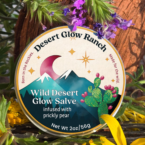 Wild Desert Glow Salve 2 oz tin with prickly pear botanical moisturizer on natural background