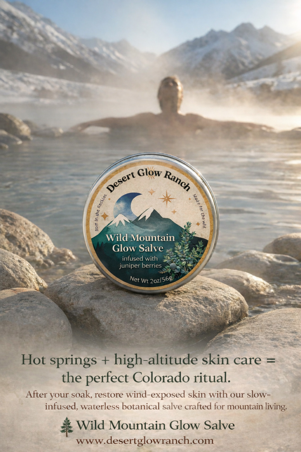 Wild Mountain Glow Salve on natural rock in hot springs with mountain background