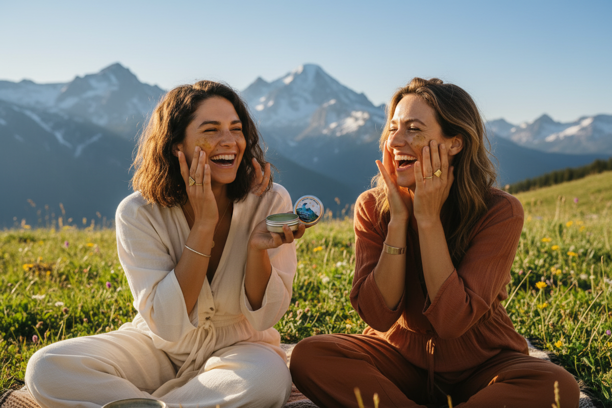 Women applying Wild Mountain Glow Salve on face in mountain landscape outdoor skincare setting